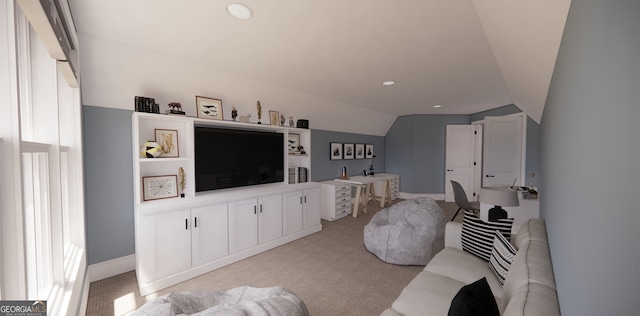 living room with lofted ceiling, baseboards, recessed lighting, and light colored carpet