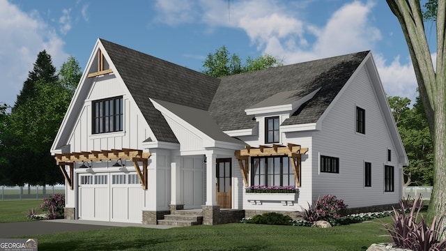 view of front of house featuring a pergola, roof with shingles, board and batten siding, and a front lawn
