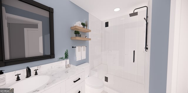 bathroom with vanity, recessed lighting, a shower stall, and toilet