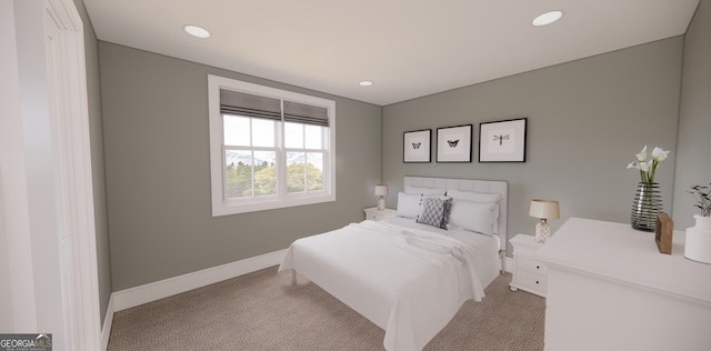 bedroom featuring baseboards, carpet floors, and recessed lighting