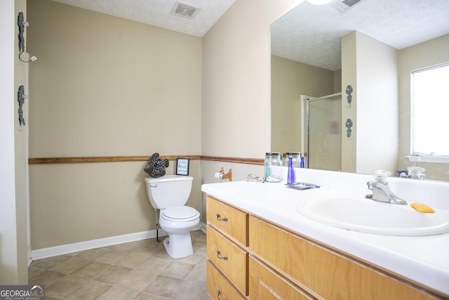 45 Hunters Ridge Ct, Covington, GA 30014 - bathroom with vanity, a stall shower, a textured ceiling, toilet, and visible vents