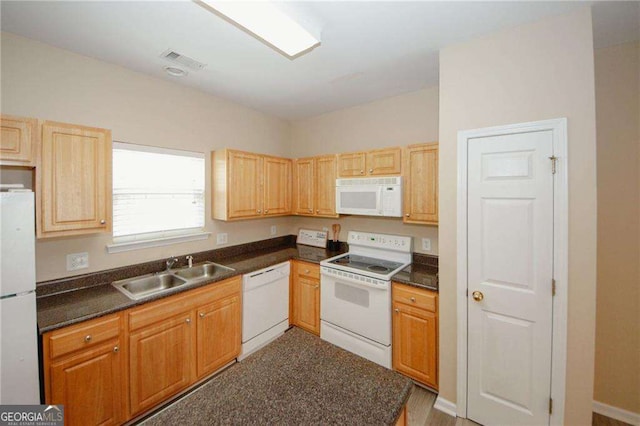 kitchen featuring a sink, dark countertops, and white appliances