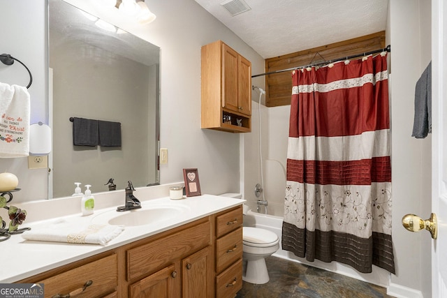 full bath featuring toilet, visible vents, vanity, and shower / bathtub combination with curtain