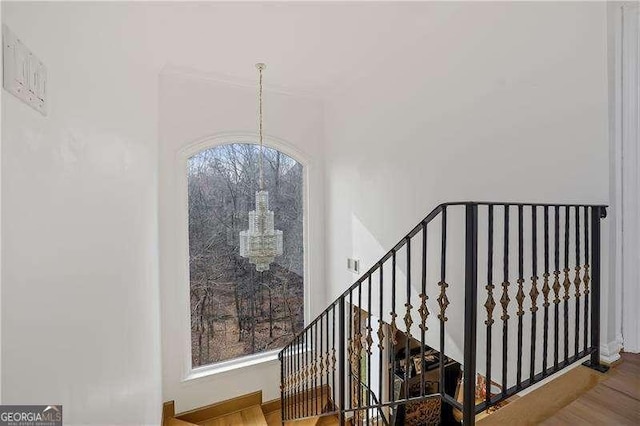stairway with wood finished floors and a notable chandelier