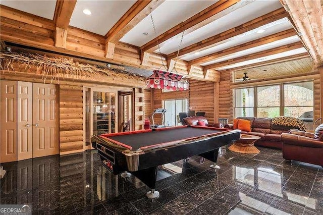 game room with granite finish floor, rustic walls, beam ceiling, billiards, and recessed lighting