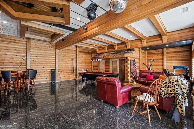 interior space with log walls, pool table, granite finish floor, visible vents, and beamed ceiling
