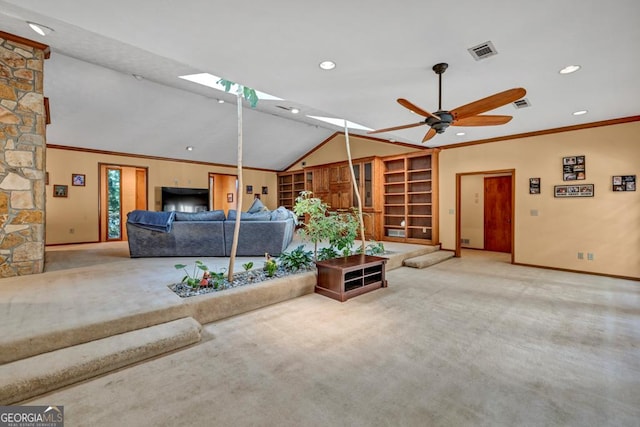 living area featuring lofted ceiling, baseboards, carpet flooring, recessed lighting, and ceiling fan