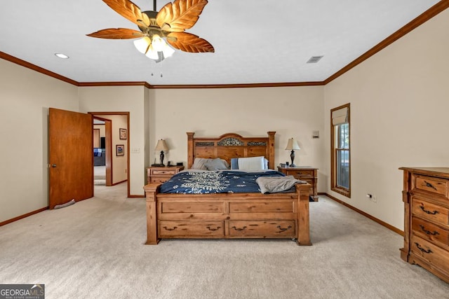 bedroom featuring light carpet, baseboards, a ceiling fan, ornamental molding, and recessed lighting