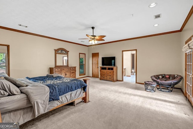 bedroom with light carpet, baseboards, ornamental molding, recessed lighting, and ceiling fan