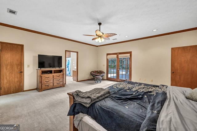 bedroom with french doors, access to exterior, light carpet, baseboards, and ornamental molding