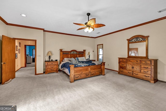 bedroom with light colored carpet, baseboards, ornamental molding, and ceiling fan