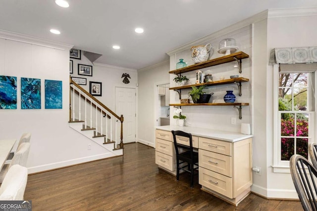 6201 Neely Farm Dr, Peachtree Corners, GA 30092 - office space featuring ornamental molding, baseboards, dark wood finished floors, recessed lighting, and built in study area
