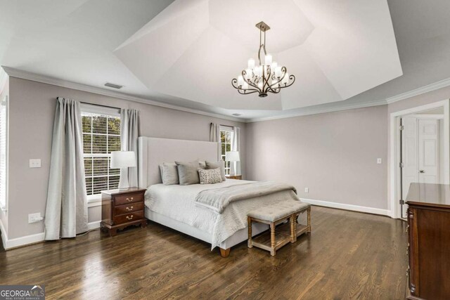 6201 Neely Farm Dr, Peachtree Corners, GA 30092 - bedroom featuring dark wood finished floors, crown molding, multiple windows, and a chandelier