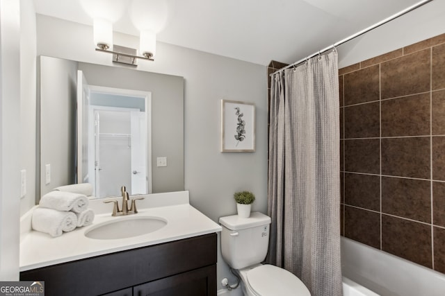 bathroom with toilet, shower / bathtub combination with curtain, and vanity