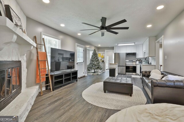 325 Sweetbriar Ln, Griffin, GA 30224 - living area with a textured ceiling, a ceiling fan, a premium fireplace, and dark wood-style floors