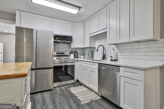 325 Sweetbriar Ln, Griffin, GA 30224 - kitchen featuring dark wood-style flooring, white cabinetry, wooden counters, stainless steel appliances, and a sink
