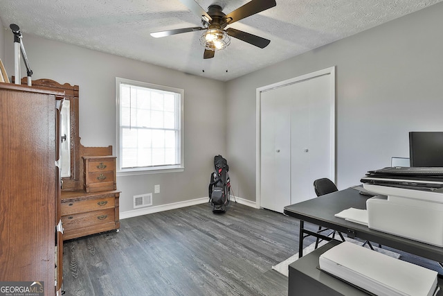 325 Sweetbriar Ln, Griffin, GA 30224 - office area with visible vents, a textured ceiling, a ceiling fan, and dark wood finished floors