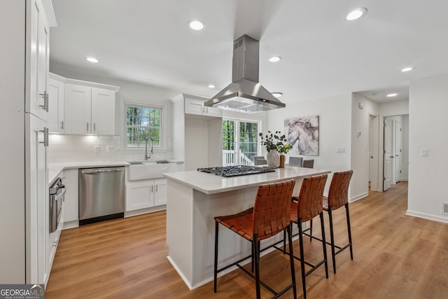388 Pine Trl, Canton, GA 30115 - kitchen featuring light wood-style flooring, island exhaust hood, a sink, stainless steel appliances, and decorative backsplash
