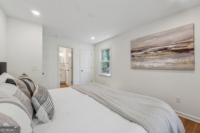 388 Pine Trl, Canton, GA 30115 - bedroom with recessed lighting, ensuite bath, baseboards, and wood finished floors