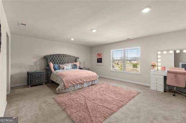 bedroom with recessed lighting, carpet, visible vents, and baseboards