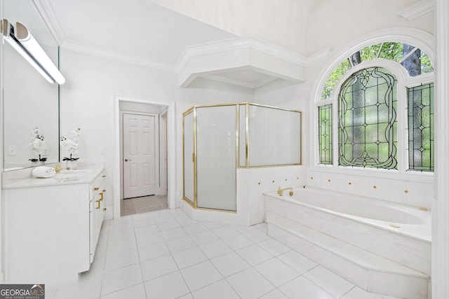 bathroom with vanity, tile patterned floors, crown molding, a shower stall, and a bath