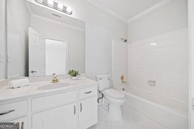 full bathroom featuring vanity, visible vents, toilet, shower / bath combination, and tile patterned floors