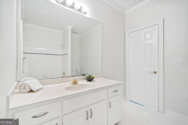 full bathroom featuring vanity, baseboards, tile patterned floors, crown molding, and a shower