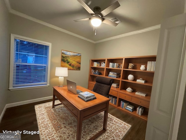 16 Pear St, Ludowici, GA 31316 - home office with crown molding, ceiling fan, wood finished floors, and baseboards
