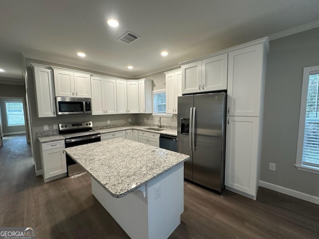16 Pear St, Ludowici, GA 31316 - kitchen featuring ornamental molding, white cabinetry, a center island, appliances with stainless steel finishes, and a sink