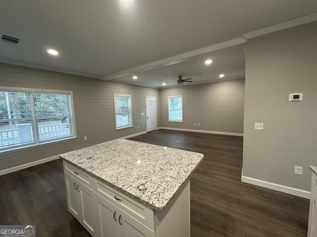 16 Pear St, Ludowici, GA 31316 - kitchen with visible vents, baseboards, ornamental molding, and white cabinetry