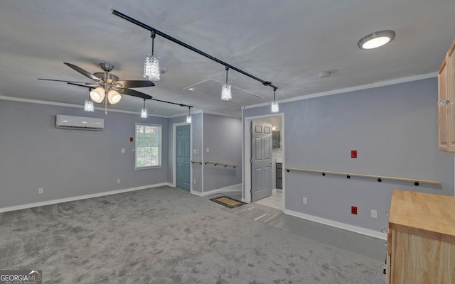 186 Foxdale Dr, Toccoa, GA 30577 - carpeted empty room with crown molding, baseboards, a ceiling fan, and an AC wall unit