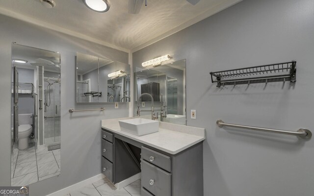 186 Foxdale Dr, Toccoa, GA 30577 - full bath featuring a shower stall, vanity, baseboards, toilet, and marble finish floor