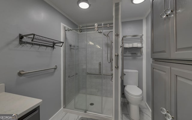 186 Foxdale Dr, Toccoa, GA 30577 - full bathroom with baseboards, vanity, toilet, and a shower stall