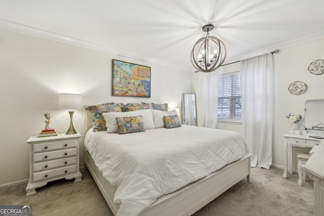 carpeted bedroom featuring crown molding, an inviting chandelier, and baseboards