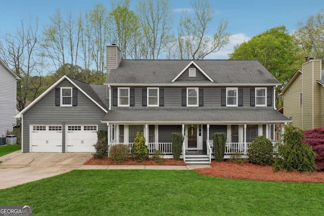 view of front of property featuring concrete driveway, a chimney, roof with shingles, covered porch, and a front yard