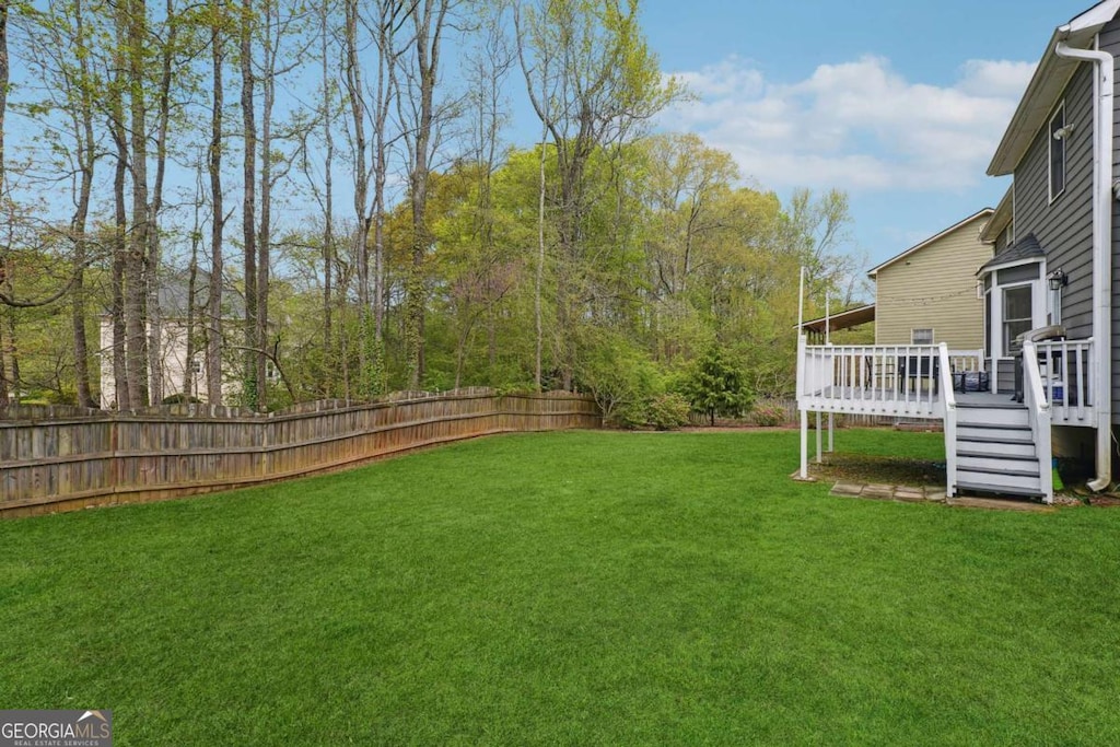view of yard featuring a deck and a fenced backyard