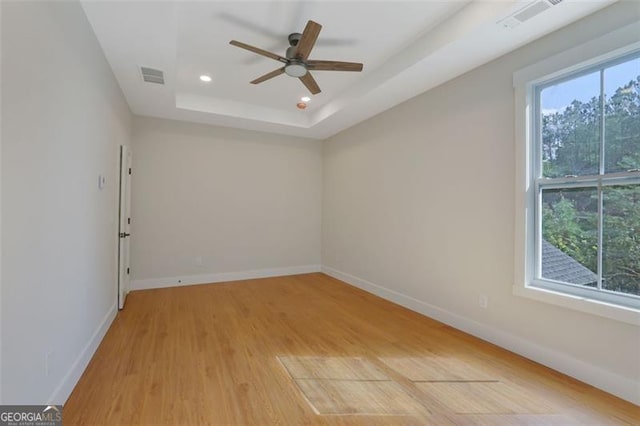 spare room featuring a tray ceiling, light wood-type flooring, baseboards, and a wealth of natural light