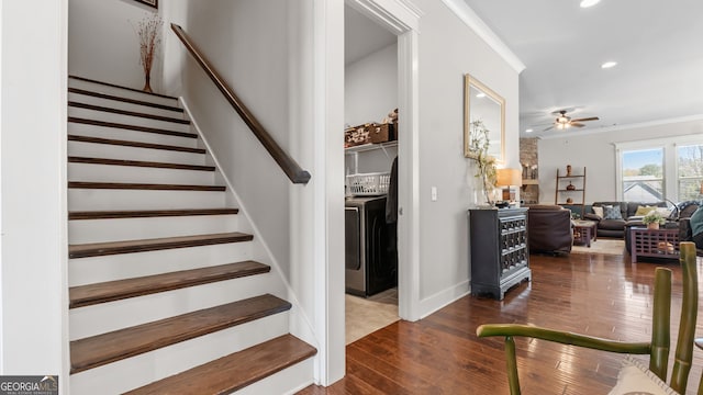 347 Woodridge Pass, Canton, GA 30114 - stairway featuring recessed lighting, wood-type flooring, ceiling fan, crown molding, and separate washer and dryer