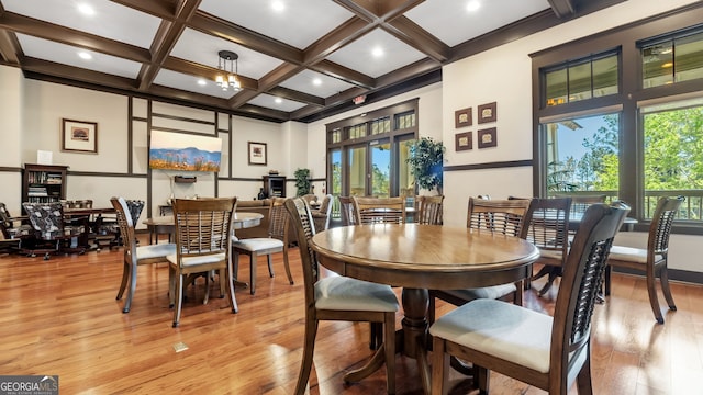 347 Woodridge Pass, Canton, GA 30114 - dining space featuring light wood-style flooring, coffered ceiling, beamed ceiling, and recessed lighting