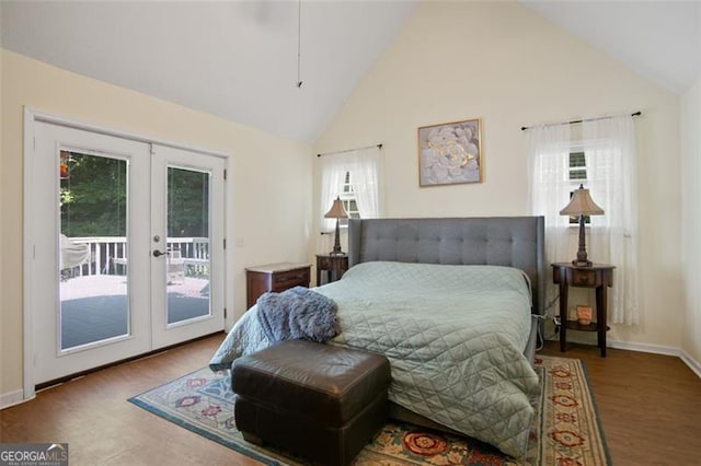 19 Mccrary Ct, Ellijay, GA 30536 - bedroom with baseboards, access to outside, wood finished floors, french doors, and high vaulted ceiling