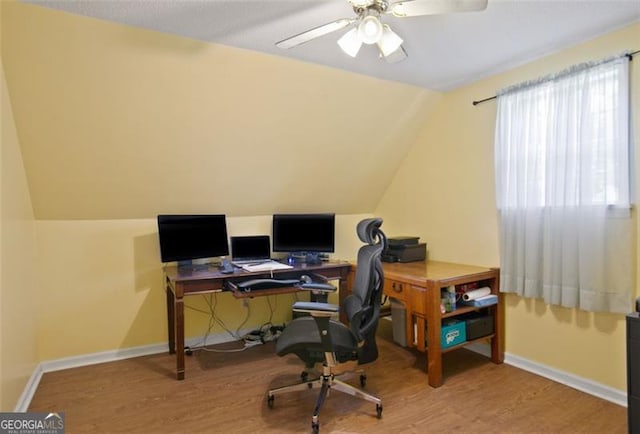 19 Mccrary Ct, Ellijay, GA 30536 - office with baseboards, vaulted ceiling, a ceiling fan, and wood finished floors