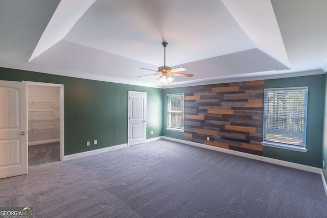 170 Shoal Park Dr, Mcdonough, GA 30252 - carpeted spare room with crown molding, ceiling fan, a raised ceiling, baseboards, and plenty of natural light