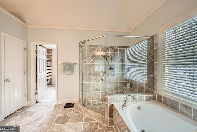 full bath with a bath, baseboards, ornamental molding, and a stall shower