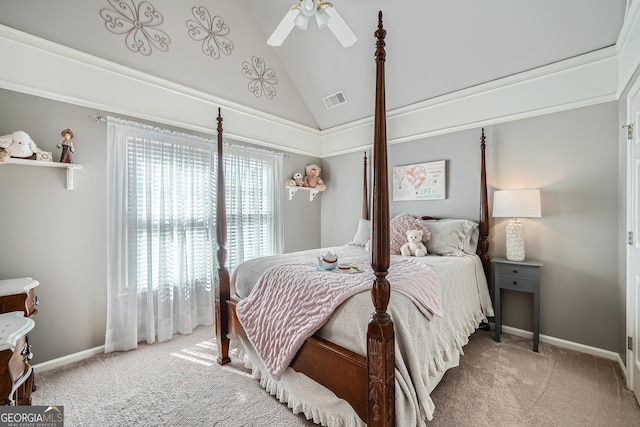bedroom with carpet, visible vents, baseboards, and ceiling fan