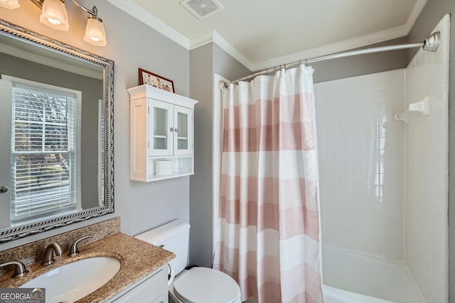 bathroom with visible vents, shower / tub combo, ornamental molding, toilet, and vanity