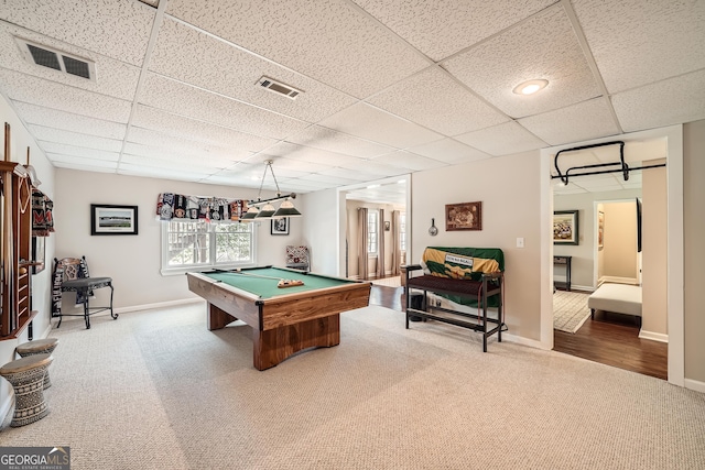 playroom featuring carpet, a drop ceiling, visible vents, baseboards, and billiards