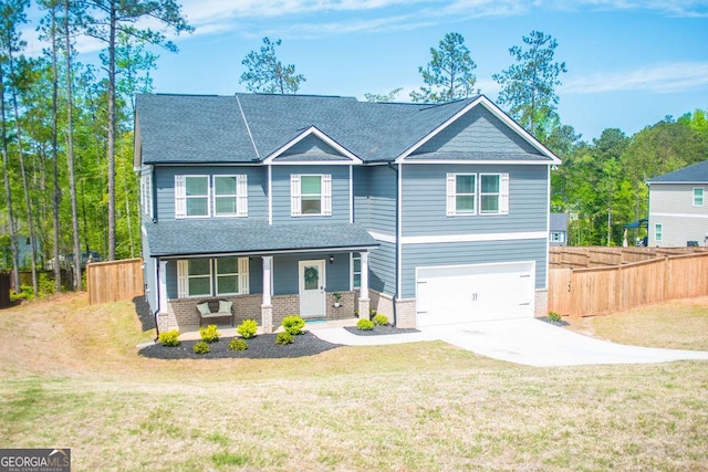 view of front of home with driveway, a shingled roof, covered porch, an attached garage, and fence