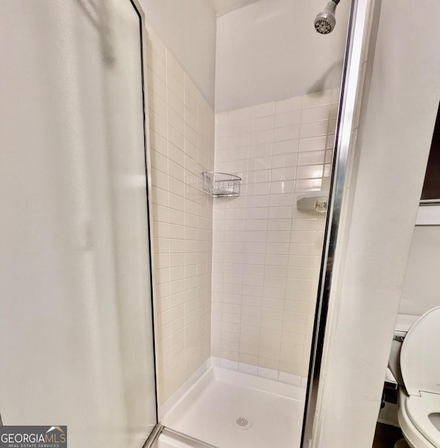 full bathroom featuring toilet and a stall shower