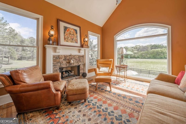 living room with wood finished floors, baseboards, a stone fireplace, and vaulted ceiling