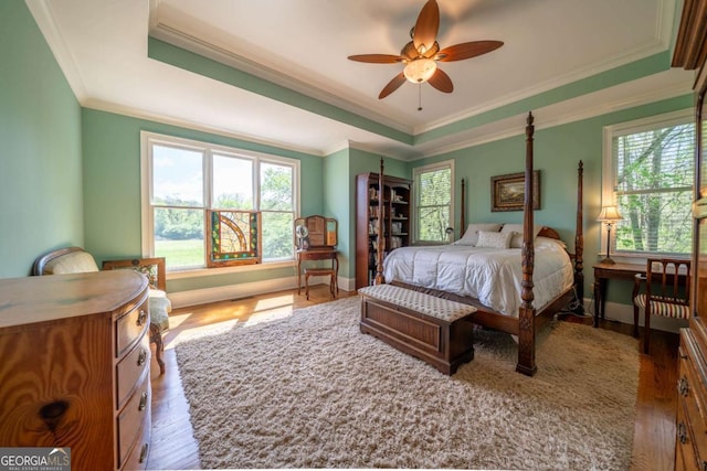 bedroom with hardwood / wood-style flooring, a tray ceiling, baseboards, and crown molding